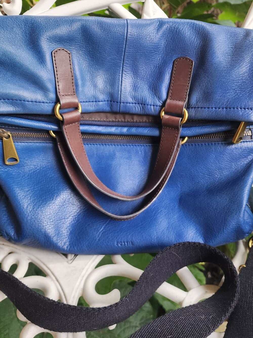 Fossil Blue Leather Satchel / Crossbody Bag – Brown Trim